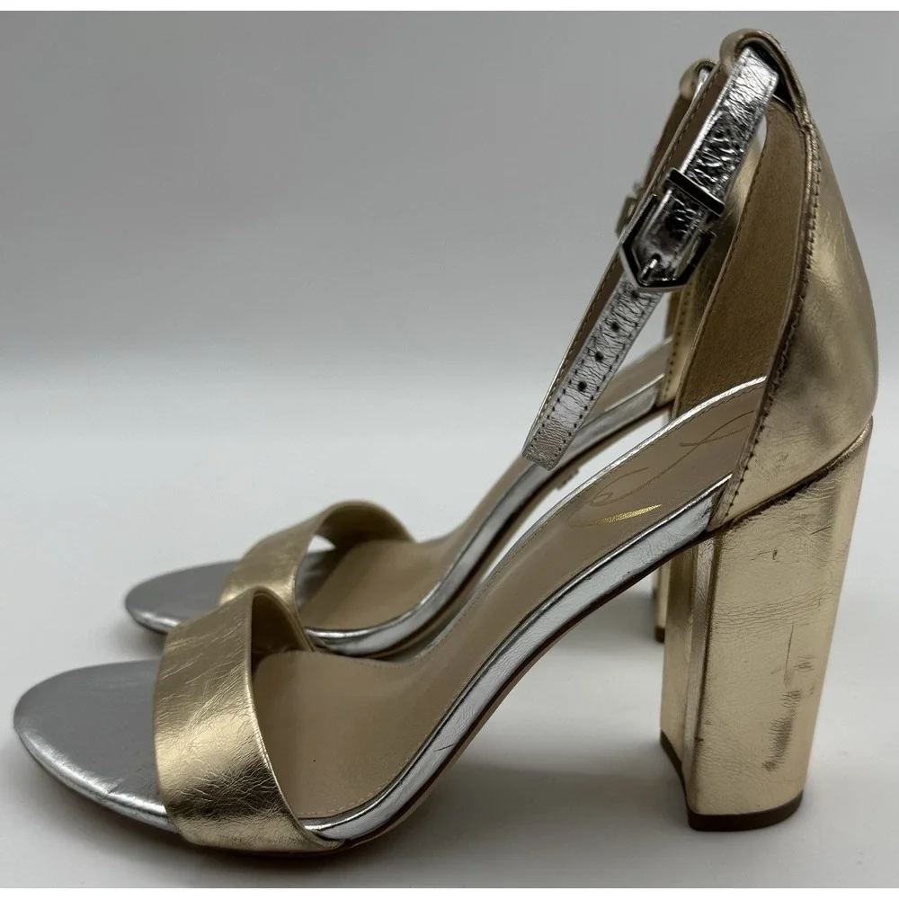 Sam‎ Edelman Yaro Metallic Gold & Silver Ankle Strap Tall Block High Heel Sz 8